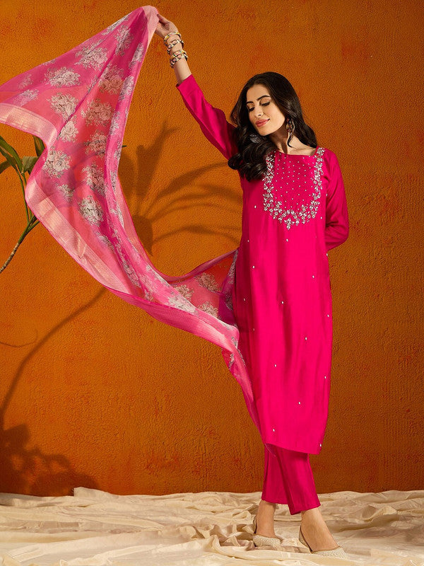 Women's Pink Viscose Chanderi Embroidery Straight Kurta Pant With Dupatta