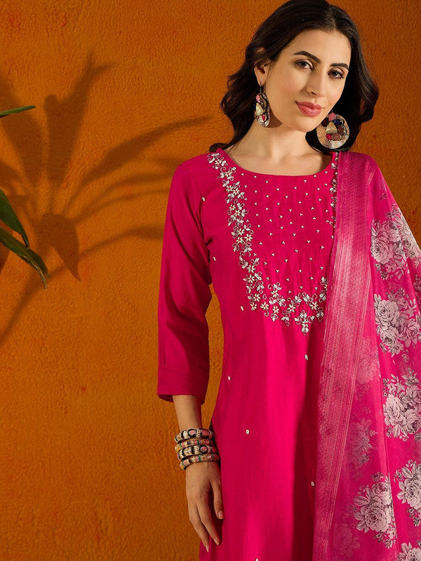 Women's Pink Viscose Chanderi Embroidery Straight Kurta Pant With Dupatta