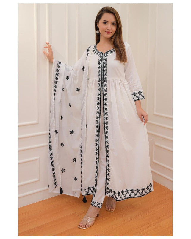 Women's White Viscose Gadhval Embroidery Anarkali Kurta Pant With Dupatta