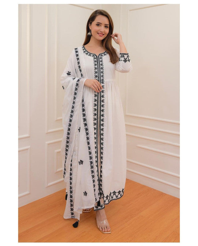 Women's White Viscose Gadhval Embroidery Anarkali Kurta Pant With Dupatta