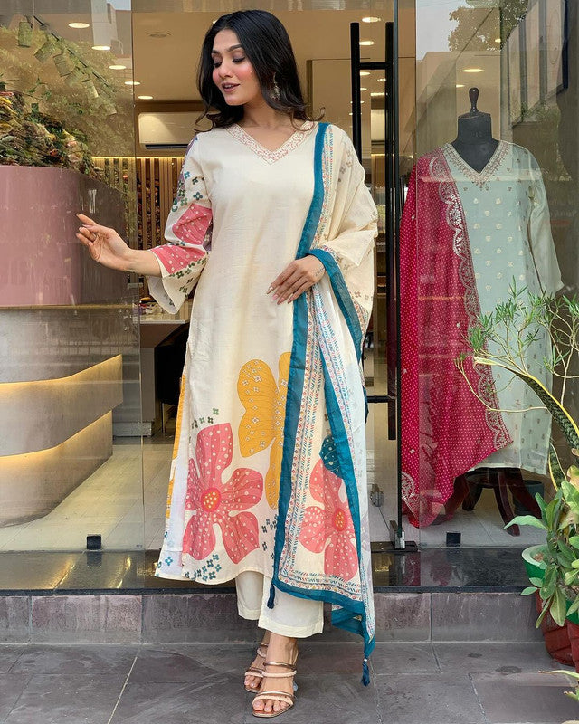 Women's Cream Rayon Embroidery Straight Kurta Pant With Dupatta