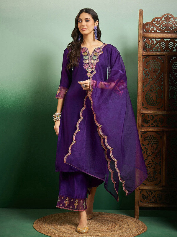 Women's Purple Chanderi Embroidery Straight Kurta Pant With Dupatta