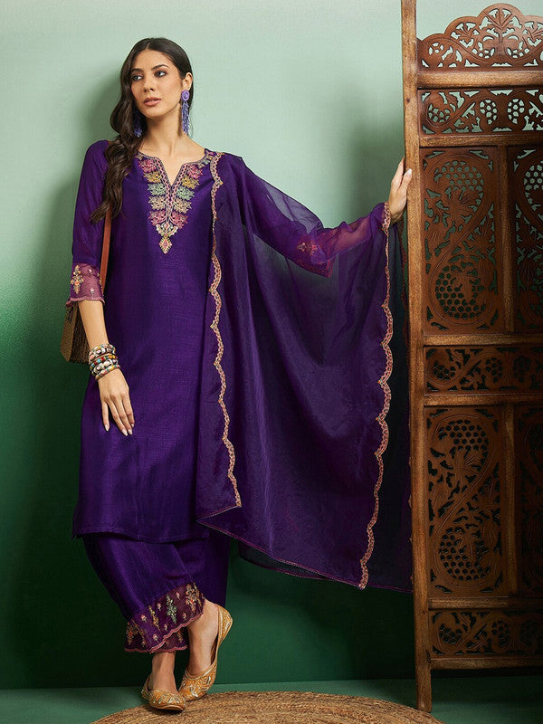 Women's Purple Chanderi Embroidery Straight Kurta Pant With Dupatta