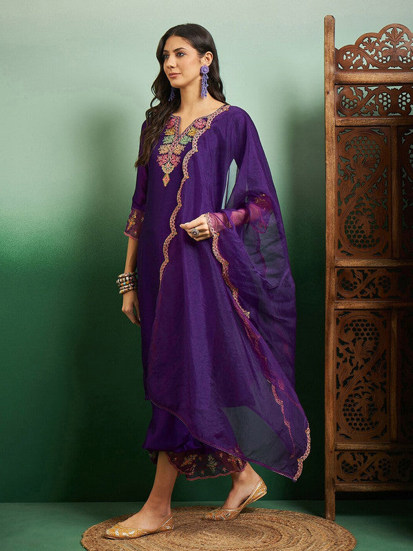 Women's Purple Chanderi Embroidery Straight Kurta Pant With Dupatta