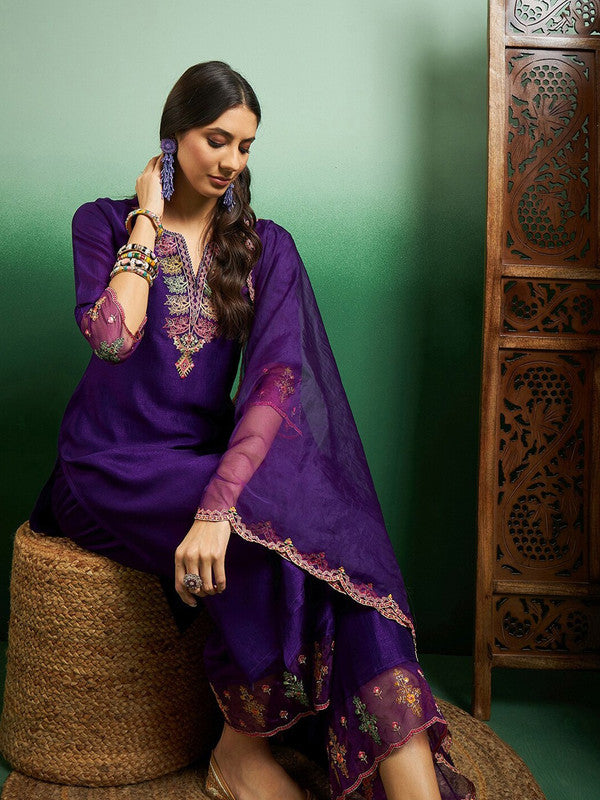 Women's Purple Chanderi Embroidery Straight Kurta Pant With Dupatta