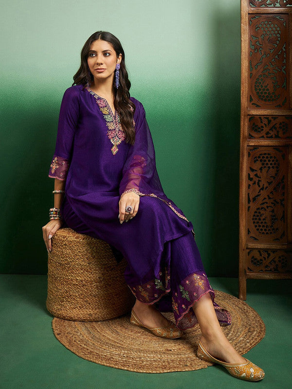 Women's Purple Chanderi Embroidery Straight Kurta Pant With Dupatta