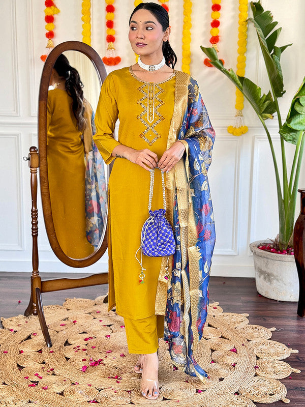 Women's Mustard Viscose Chanderi Embroidery Straight Kurta Pant With Dupatta