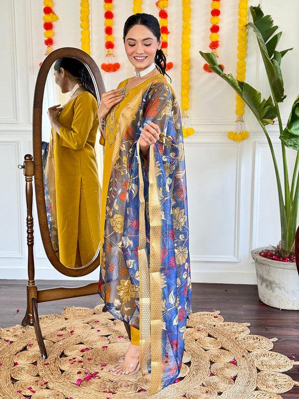 Women's Mustard Viscose Chanderi Embroidery Straight Kurta Pant With Dupatta