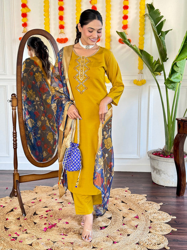 Women's Mustard Viscose Chanderi Embroidery Straight Kurta Pant With Dupatta