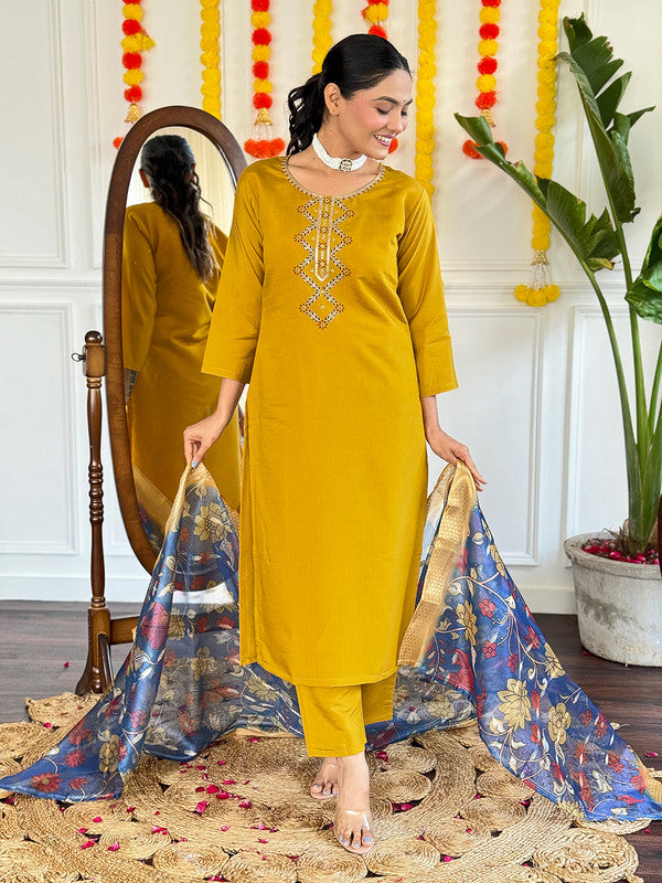 Women's Mustard Viscose Chanderi Embroidery Straight Kurta Pant With Dupatta