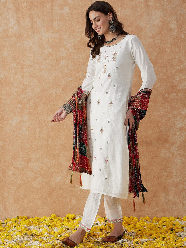 Women's White Chanderi Embroidery Straight Kurta Pant With Dupatta