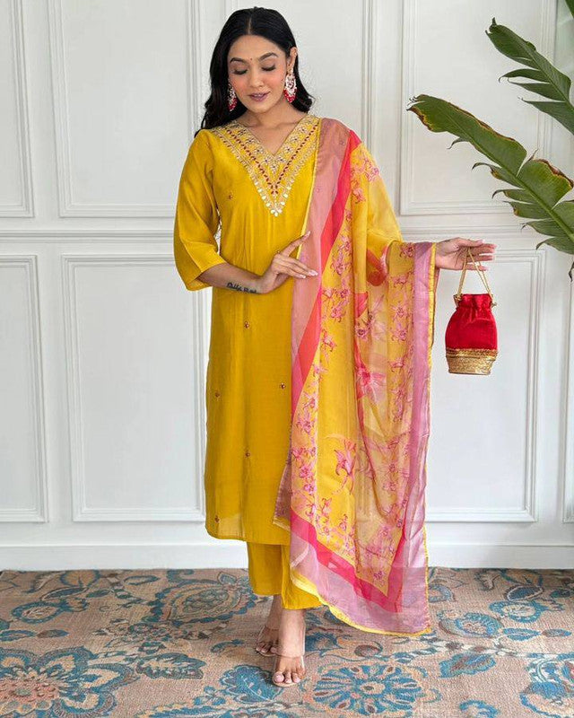 Women's Mustard Viscose Chanderi Embroidery Straight Kurta Pant With Dupatta