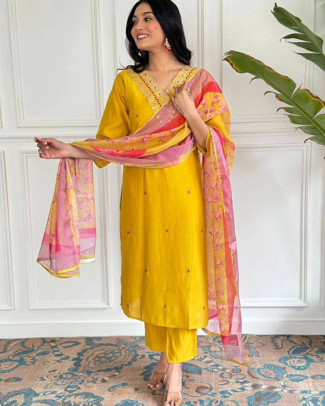 Women's Mustard Viscose Chanderi Embroidery Straight Kurta Pant With Dupatta