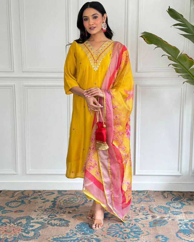 Women's Mustard Viscose Chanderi Embroidery Straight Kurta Pant With Dupatta