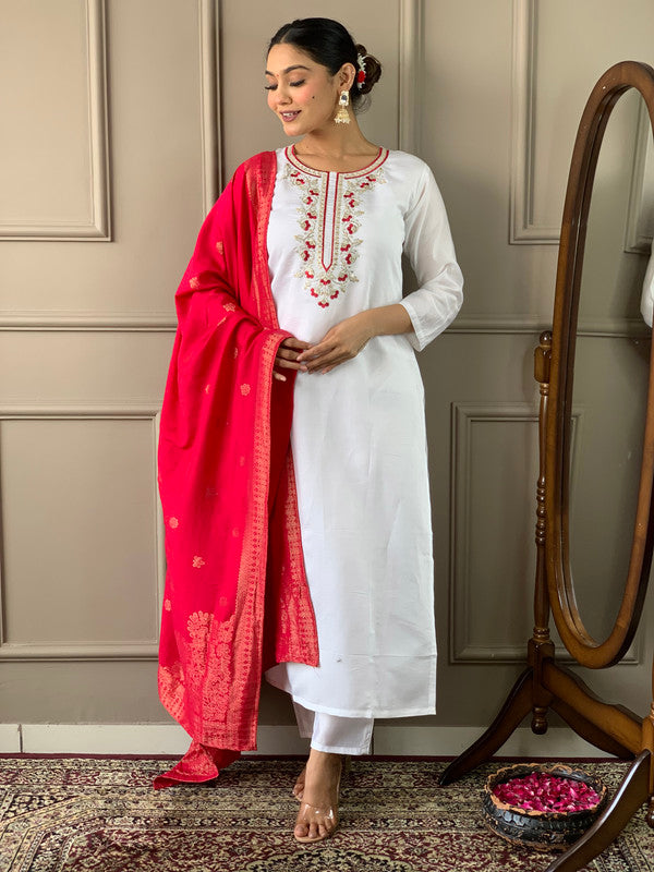 Women's White Viscose Chanderi Embroidery Straight Kurta Pant With Dupatta