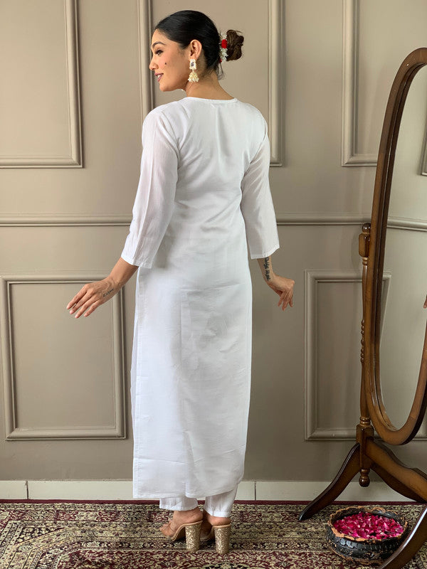 Women's White Viscose Chanderi Embroidery Straight Kurta Pant With Dupatta