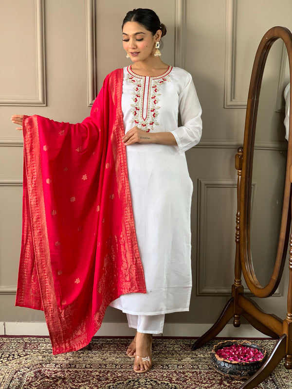 Women's White Viscose Chanderi Embroidery Straight Kurta Pant With Dupatta