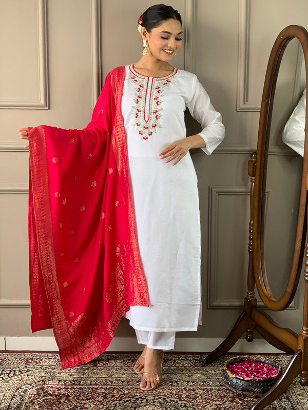 Women's White Viscose Chanderi Embroidery Straight Kurta Pant With Dupatta