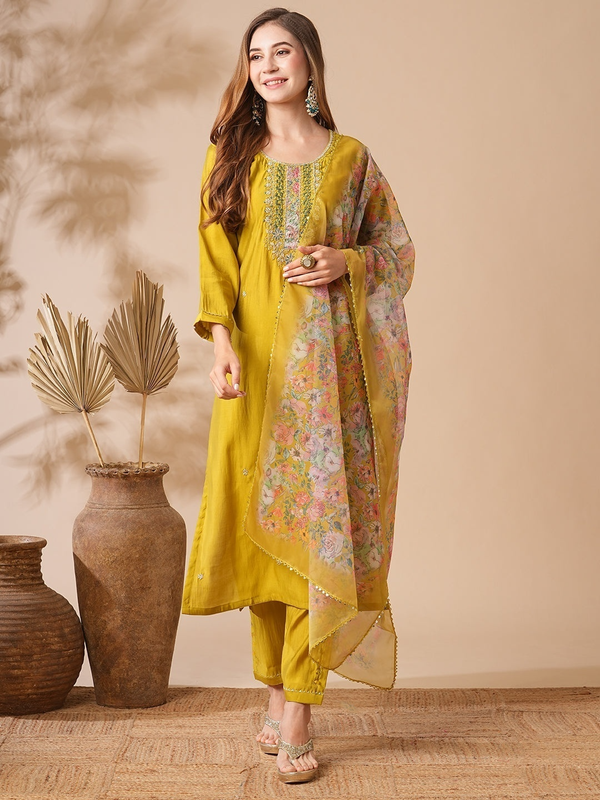 Women's Mustard Chanderi Cotton Embroidery Straight Kurta Pant With Dupatta