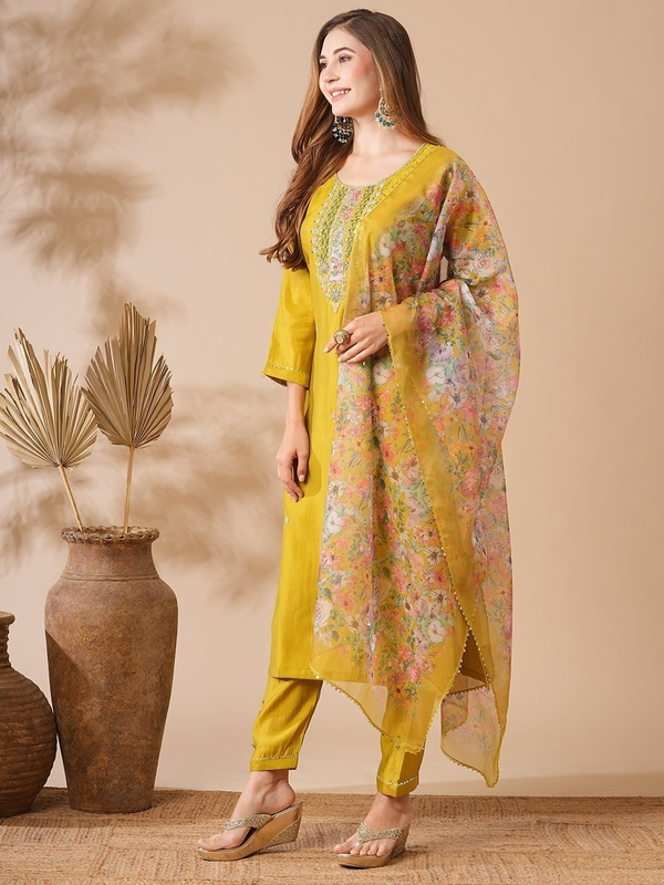 Women's Mustard Chanderi Cotton Embroidery Straight Kurta Pant With Dupatta