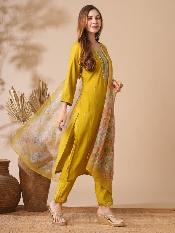 Women's Mustard Chanderi Cotton Embroidery Straight Kurta Pant With Dupatta