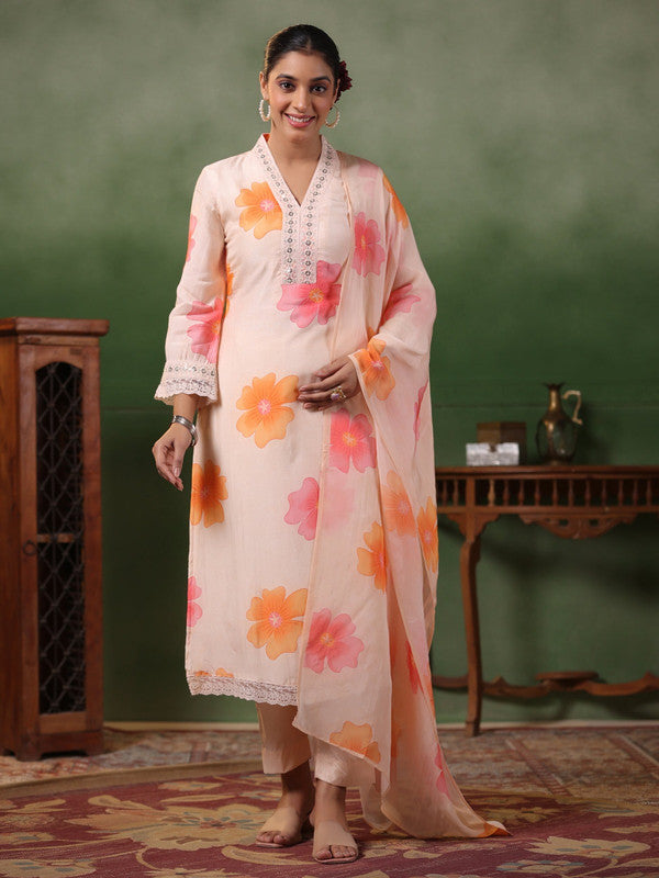 Women's Peach Crepe Embroidery Straight Kurta Pant With Dupatta