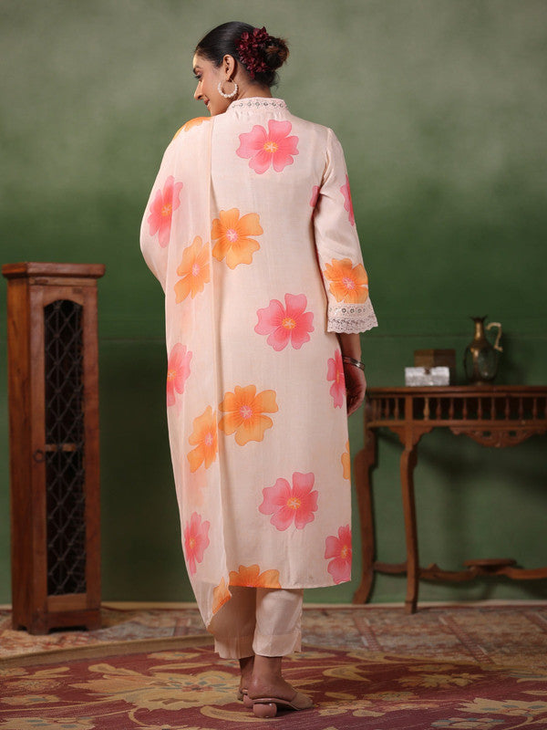 Women's Peach Crepe Embroidery Straight Kurta Pant With Dupatta