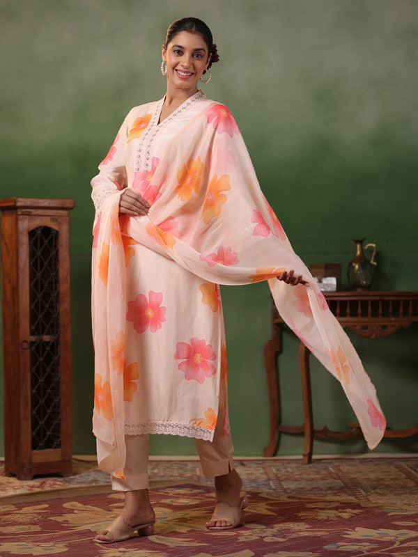 Women's Peach Crepe Embroidery Straight Kurta Pant With Dupatta