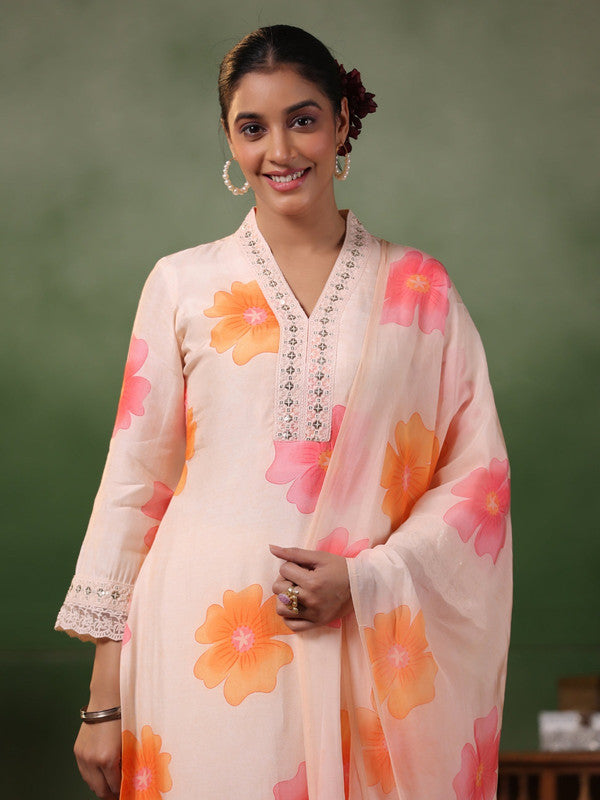 Women's Peach Crepe Embroidery Straight Kurta Pant With Dupatta