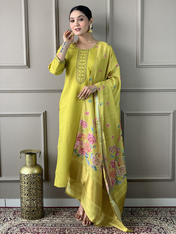 Women's Lime Green Viscose Chanderi Embroidery Straight Kurta Pant With Dupatta