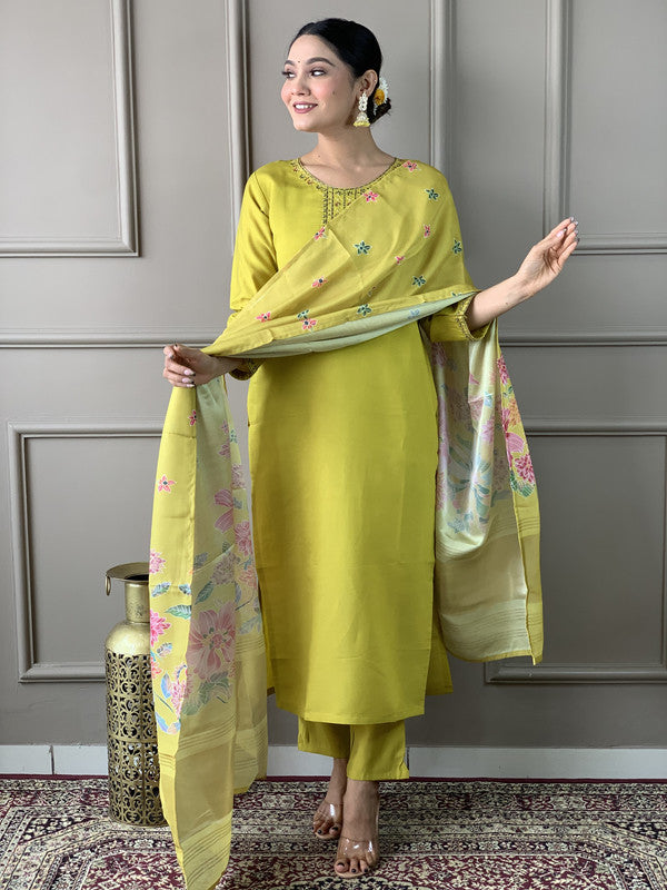 Women's Lime Green Viscose Chanderi Embroidery Straight Kurta Pant With Dupatta