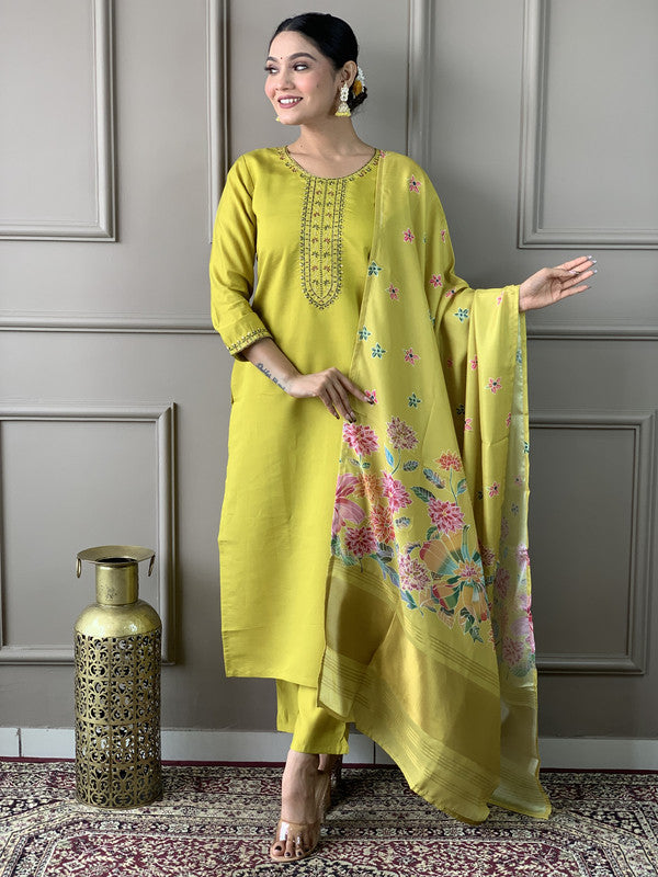 Women's Lime Green Viscose Chanderi Embroidery Straight Kurta Pant With Dupatta