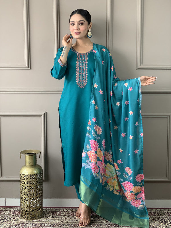 Women's Teal Viscose Chanderi Embroidery Straight Kurta Pant With Dupatta