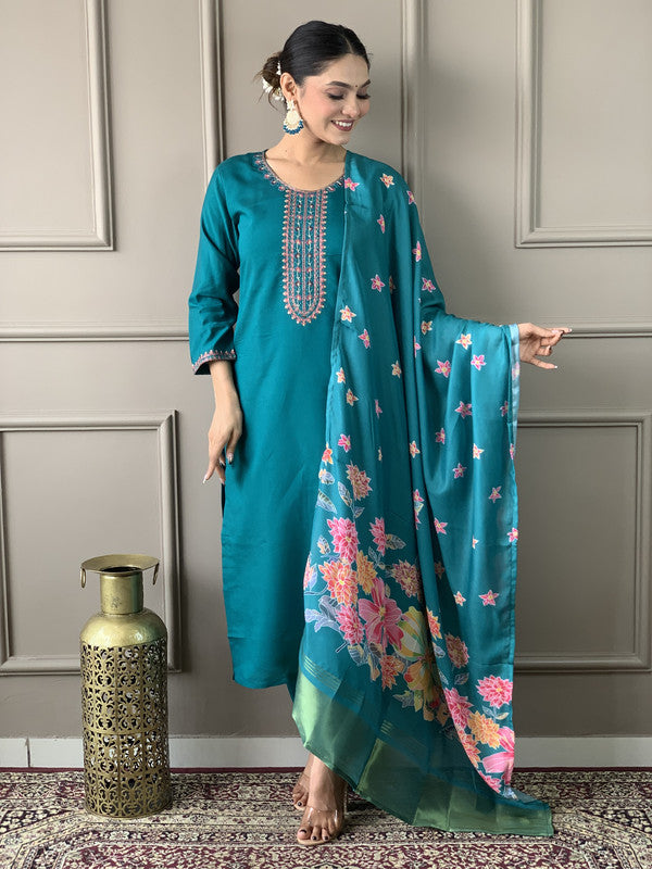 Women's Teal Viscose Chanderi Embroidery Straight Kurta Pant With Dupatta