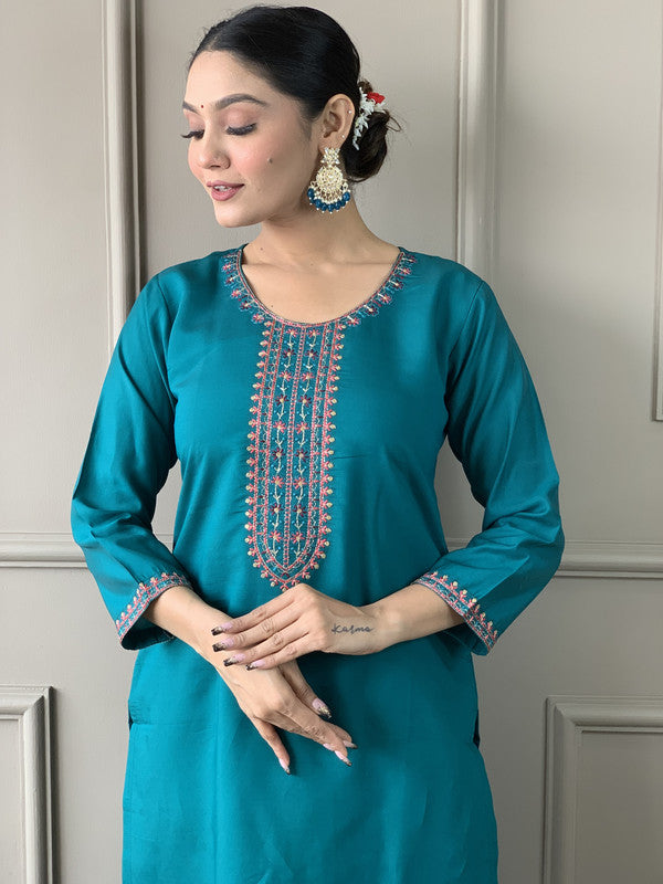 Women's Teal Viscose Chanderi Embroidery Straight Kurta Pant With Dupatta