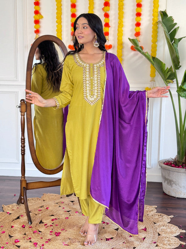 Women's Mustard Rayon Slub Embroidery Straight Kurta Pant With Dupatta