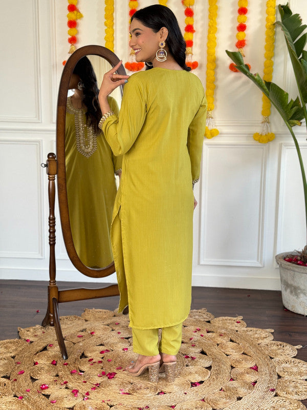 Women's Mustard Rayon Slub Embroidery Straight Kurta Pant With Dupatta