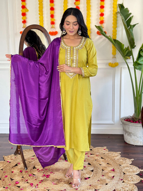 Women's Mustard Rayon Slub Embroidery Straight Kurta Pant With Dupatta