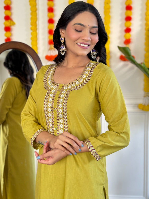 Women's Mustard Rayon Slub Embroidery Straight Kurta Pant With Dupatta