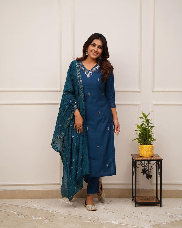 Women's Petrol Blue Viscose Chanderi Embroidery Straight Kurta Pant With Dupatta