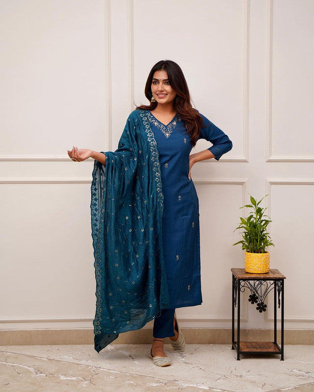 Women's Petrol Blue Viscose Chanderi Embroidery Straight Kurta Pant With Dupatta