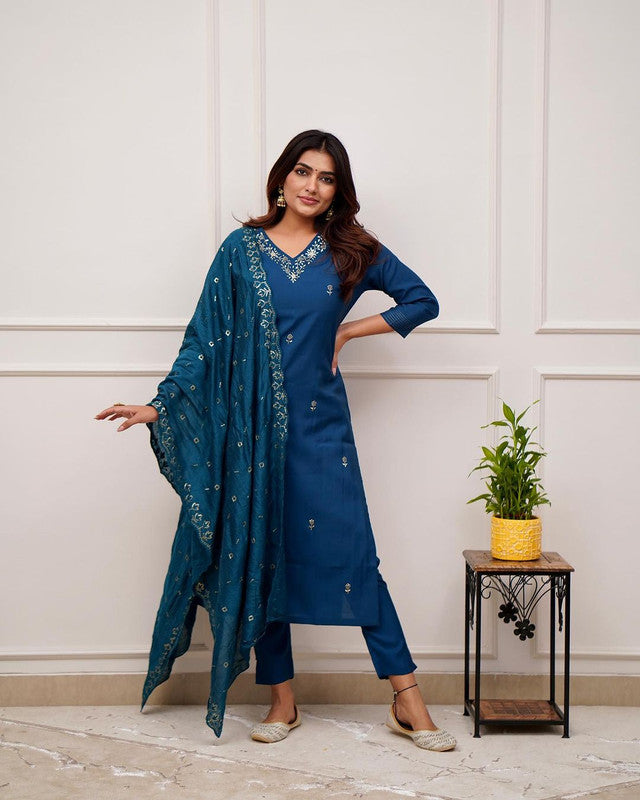 Women's Petrol Blue Viscose Chanderi Embroidery Straight Kurta Pant With Dupatta