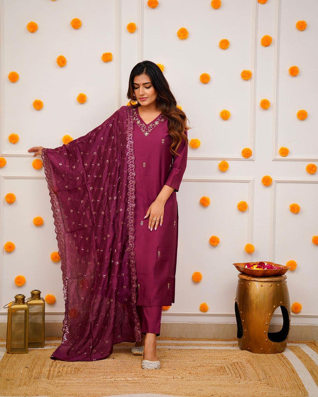 Women's Wine Viscose Chanderi Embroidery Straight Kurta Pant With Dupatta