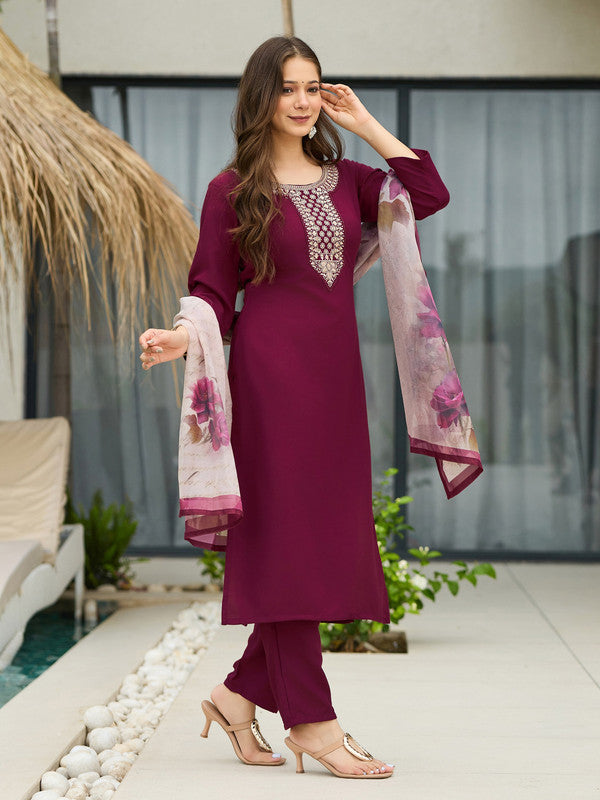 WomenMaroon Rayon Embroidery & Printed Round Neck Kurta Sets