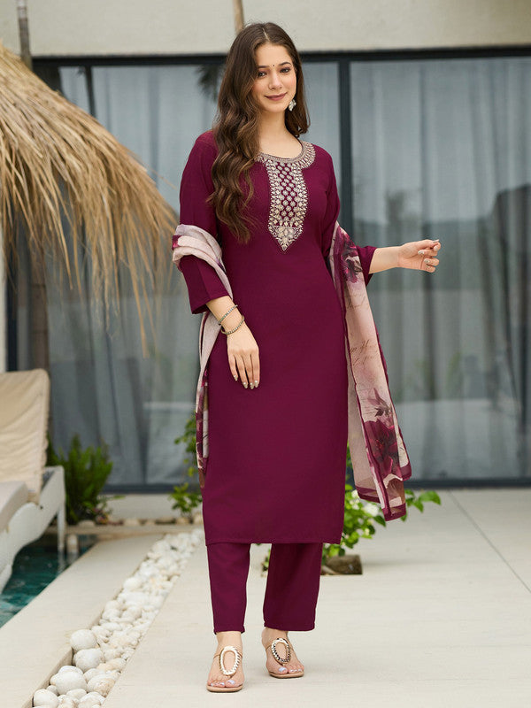 WomenMaroon Rayon Embroidery & Printed Round Neck Kurta Sets