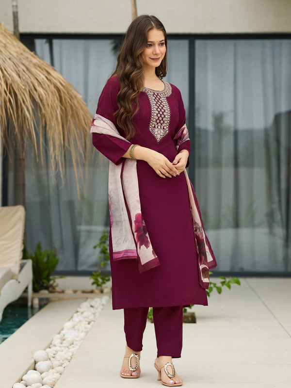 WomenMaroon Rayon Embroidery & Printed Round Neck Kurta Sets