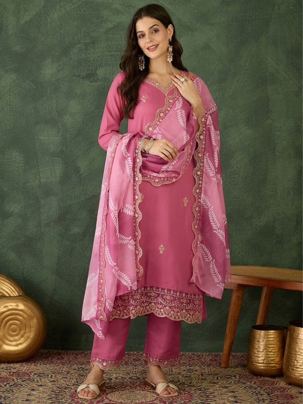 WomenPink Chanderi Silk Embroidery Round Neck Kurta Sets