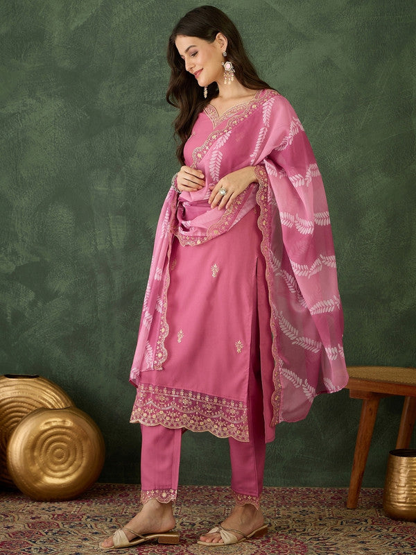 WomenPink Chanderi Silk Embroidery Round Neck Kurta Sets