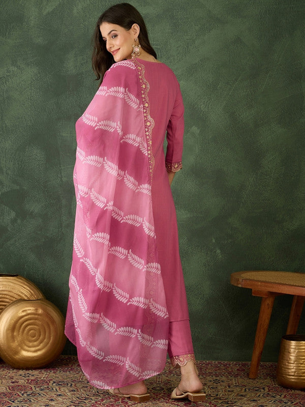 WomenPink Chanderi Silk Embroidery Round Neck Kurta Sets