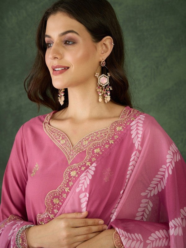 WomenPink Chanderi Silk Embroidery Round Neck Kurta Sets
